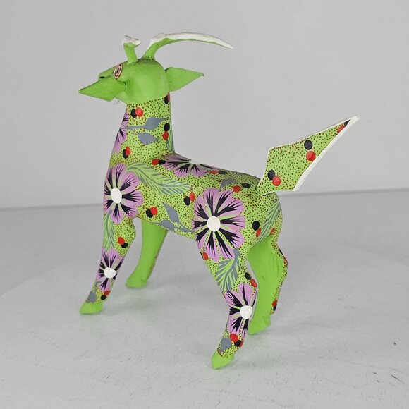 Handcrafted Green Floral Alebrije Deer Goat Figurine By Juan Hernandez Cruz - Picture 4 of 8